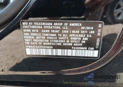 2015 Volkswagen Passat S from USA, damaged, VIN 1VWAS7A37FC079638